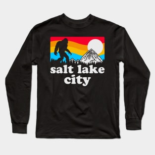 Salt Lake City Bigfoot, Funny Sasquatch Merch Retro Sunset Utah Bigfoot Long Sleeve T-Shirt